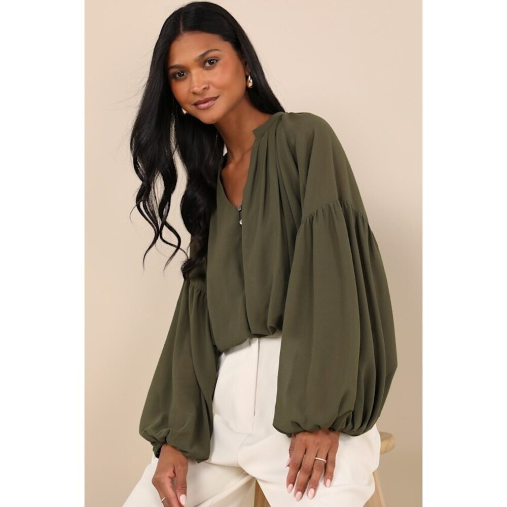 Lulus Season Of Blooms Olive Green Balloon Sleeve Top - Size S